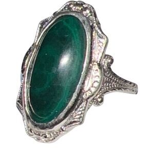 Art Deco Sterling Silver Ring with Green Malachite Stone Women size 6